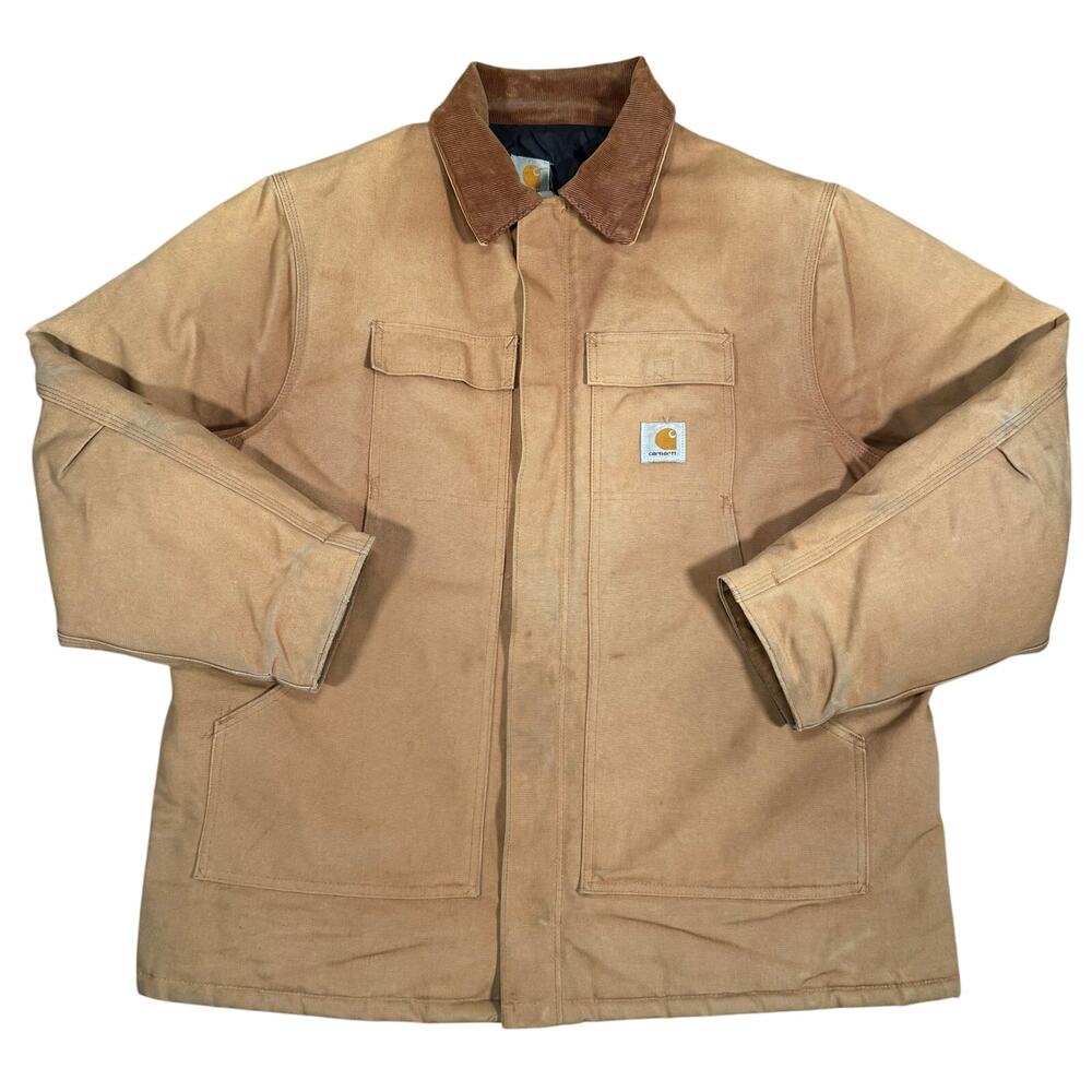 Vintage Carhartt Duck Canvas Work Jacket Tan Brown Corduroy Collar USA XL